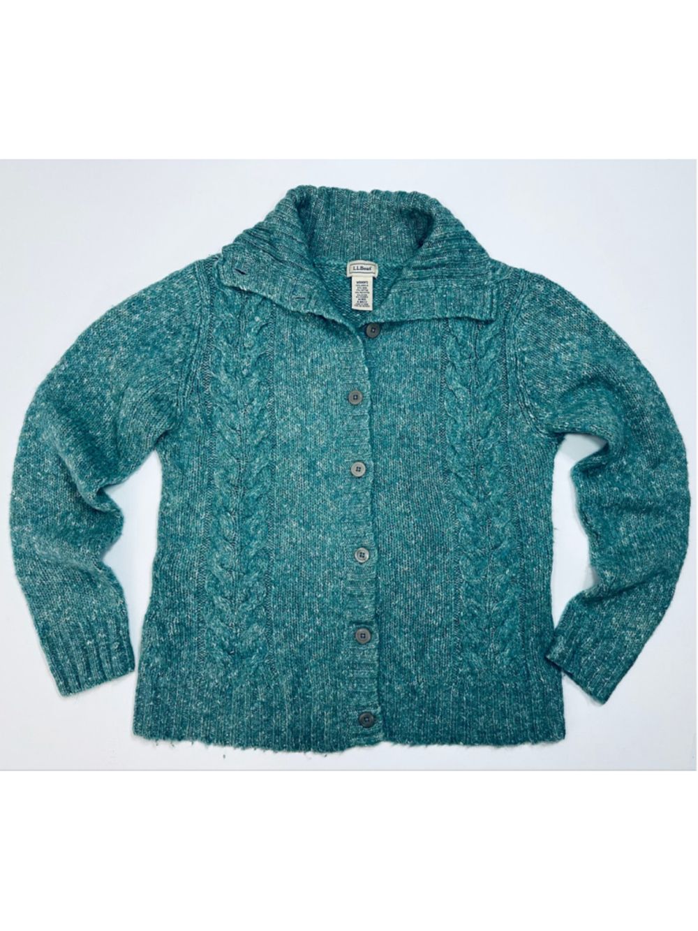 L.L.Bean Teal Cable Knit Button Shawl Collar Cardigan Sweater Women’s Medium - Picture 2 of 11